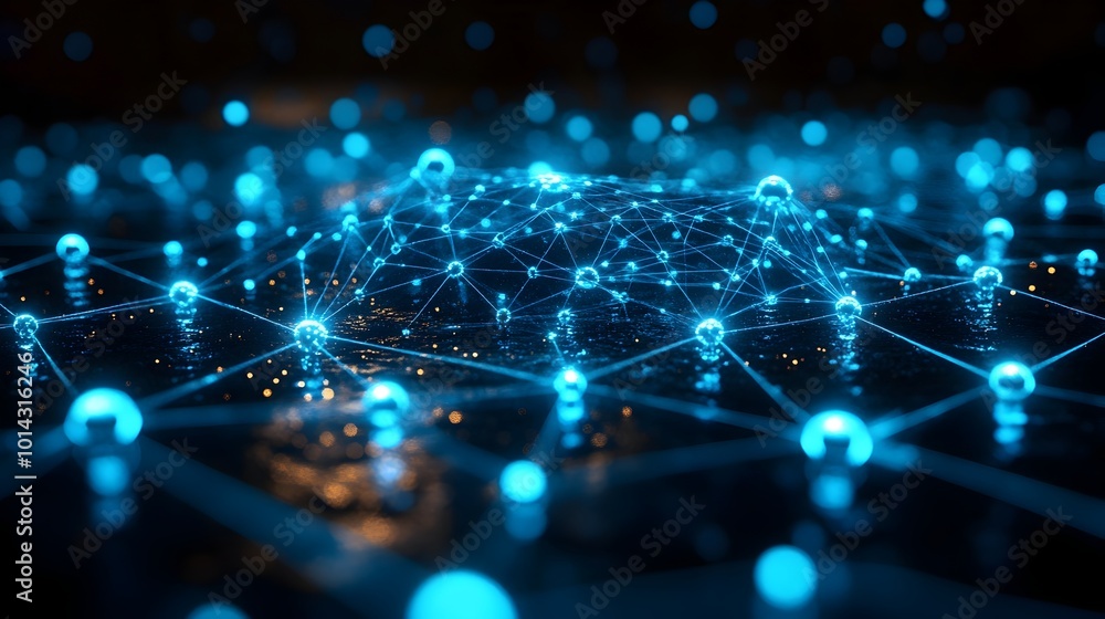 Futuristic Digital Data Network with Glowing Blue Lines and Nodes in Dark Space Futuristic Digital Data Network with Glowing Blue Lines and Nodes in Dark Space