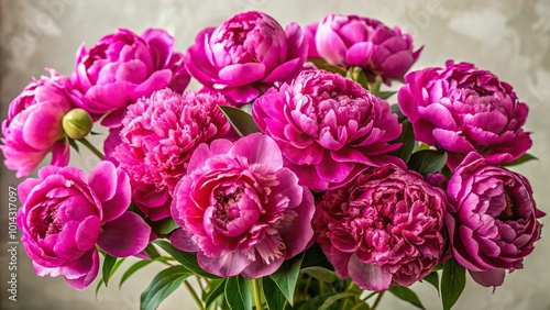 Dramatic, magenta pink peonies burst forth from a lush bouquet, their velvety petals and delicate stems set against a soft, creamy background, evoking a sense of romance and luxury.