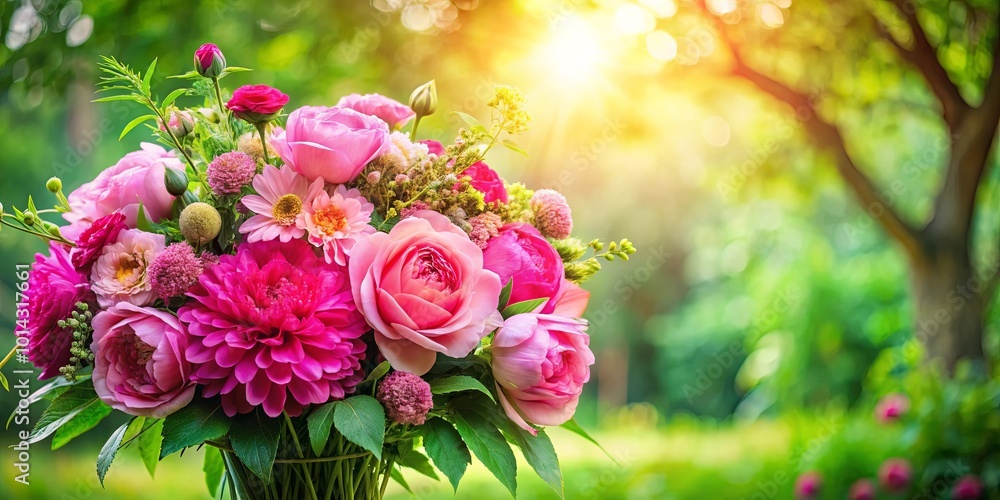 A vibrant bouquet of pink flowers in a lush green garden with a golden sunlit backdrop. A vibrant bouquet of pink flowers in a lush green garden with a golden sunlit backdrop.