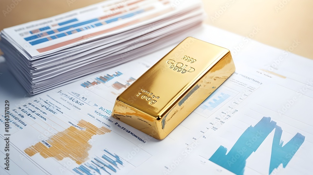 Solid Gold Bar Resting on Financial Documents with Graphs and Charts on Desk Solid Gold Bar Resting on Financial Documents with Graphs and Charts on Desk