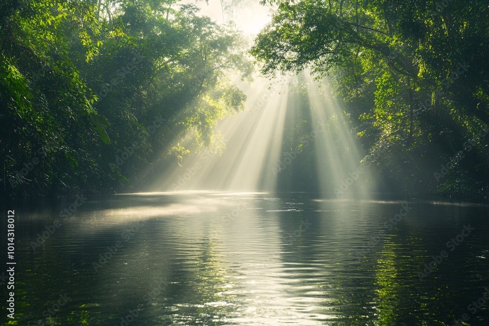 A serene river winds through a dense forest as sunlight beams pierce through the trees A serene river winds through a dense forest as sunlight beams pierce through the trees