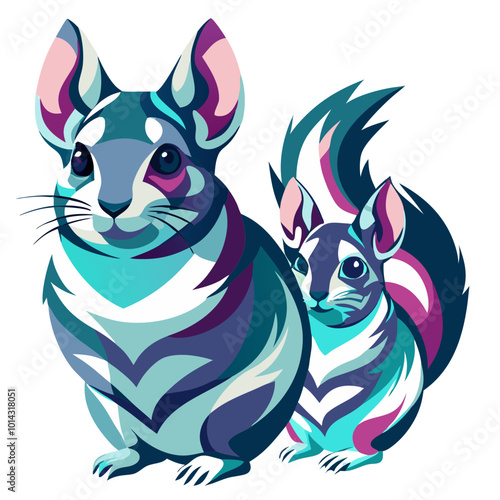 Chinchilla and Squirrel Duo: A vibrant, stylized illustration of a chinchilla and a squirrel, showcasing their unique features in a captivating color palette. Perfect for pet-themed projects.