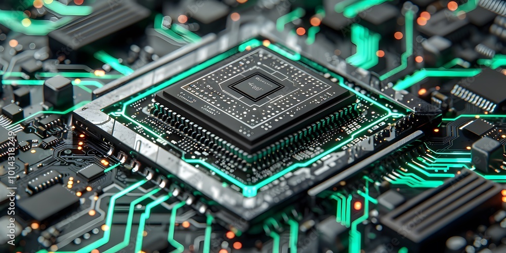 Miniature CPU chip showcased on a motherboard. Miniature CPU chip showcased on a motherboard.