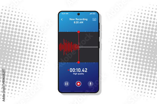 Voice recorder app smartphone interface vector template. Mobile utility page white design layout. Audio recording screen. Sound rec application flat UI. Microphone, pause, stop buttons phone display