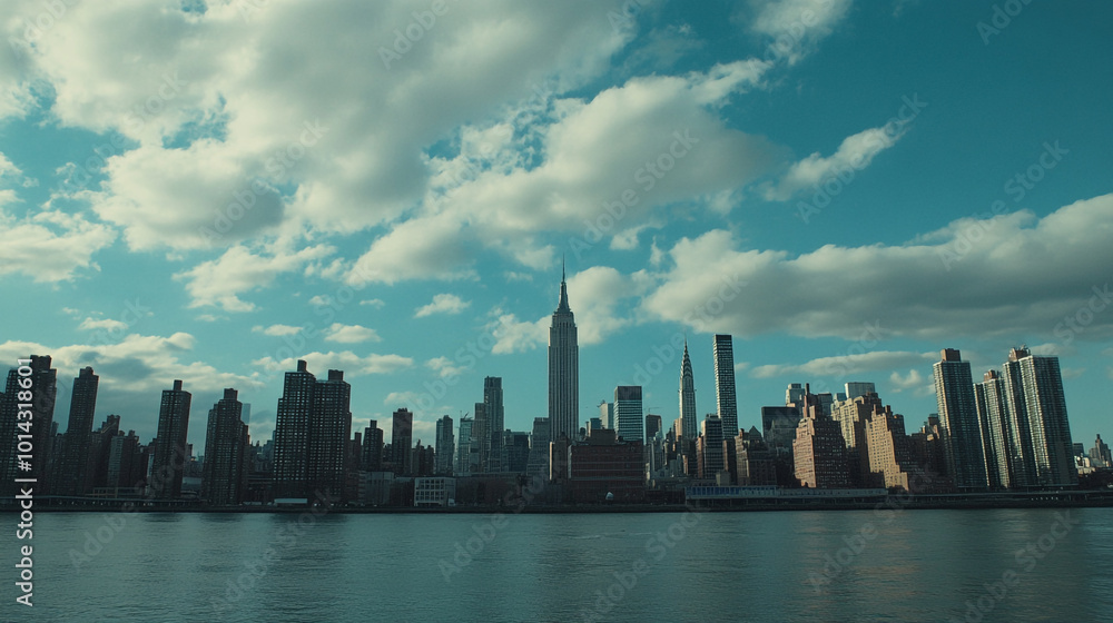 Fototapeta premium A panoramic view of New York City's skyline under a clear blue sky with notable skyscrapers
