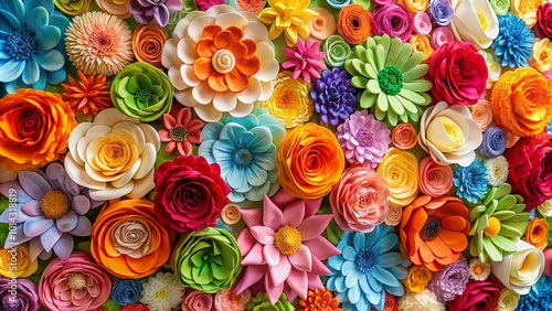 A vibrant tapestry of colorful, intricately crafted paper blossoms, showcasing the beauty of handmade floral artistry