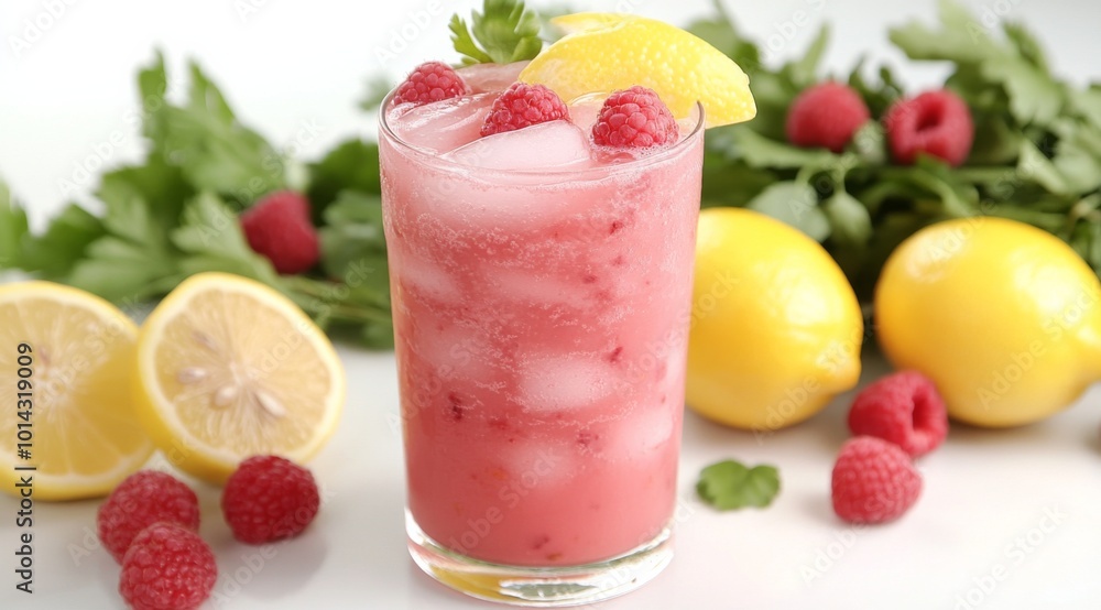 Refreshing raspberry lemonade with ice in a glass, featuring pink juice with floating red raspberries and large lemon slices on each side, surrounded by greenery and scattered whole strawberries Refreshing raspberry lemonade with ice in a glass, featuring pink juice with floating red raspberries and large lemon slices on each side, surrounded by greenery and scattered whole strawberries