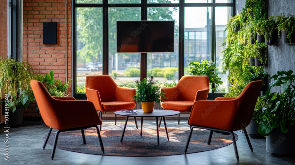 Fototapeta premium Cozy modern lounge area with orange chairs and greenery in a bright urban setting