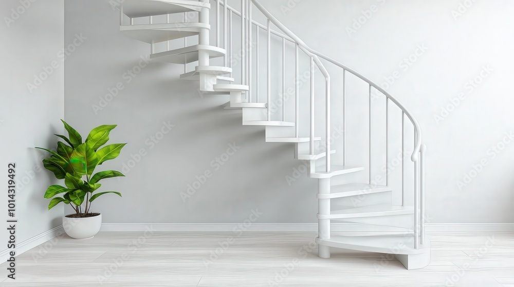 Fototapeta premium Modern Minimalist Interior Design with White Spiral Staircase and Green Plant