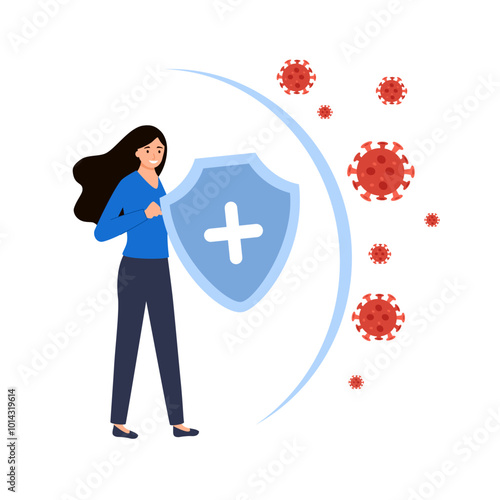 Immune system concept. . Health bacteria virus protection. Medical prevention human germ. Healthy woman reflect bacteria attack with shield. Boost Immunity with medicine.