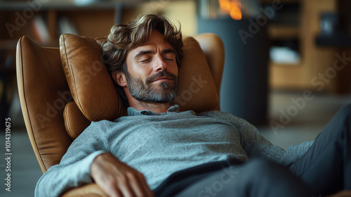 Man reclining in a chair, Relaxing man enjoying a peaceful moment in a modern living room, embodying tranquility and comfort in a stylish environment.