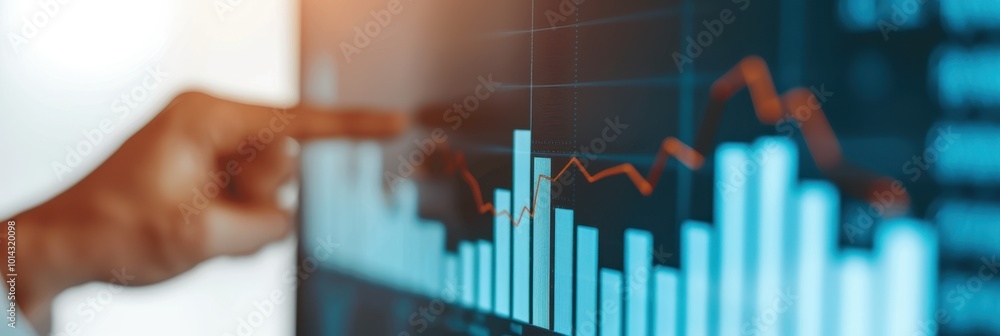 Closeup of a business hand pointing at a financial chart on a screen with a rising line and bar graph, showing growth and trends. Closeup of a business hand pointing at a financial chart on a screen with a rising line and bar graph, showing growth and trends.
