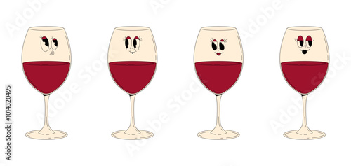 Set retro groovy characters summer cocktail. Funky alcohol beverage red wine glass with different emotions. Vintage vector illustration