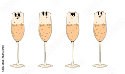 Set retro groovy characters summer cocktail. Funky alcohol beverage champagne wine glass with different emotions. Vintage vector illustration 70s, 80s style