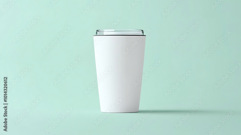White Tumbler with Lid on Light Blue Background White Tumbler with Lid on Light Blue Background