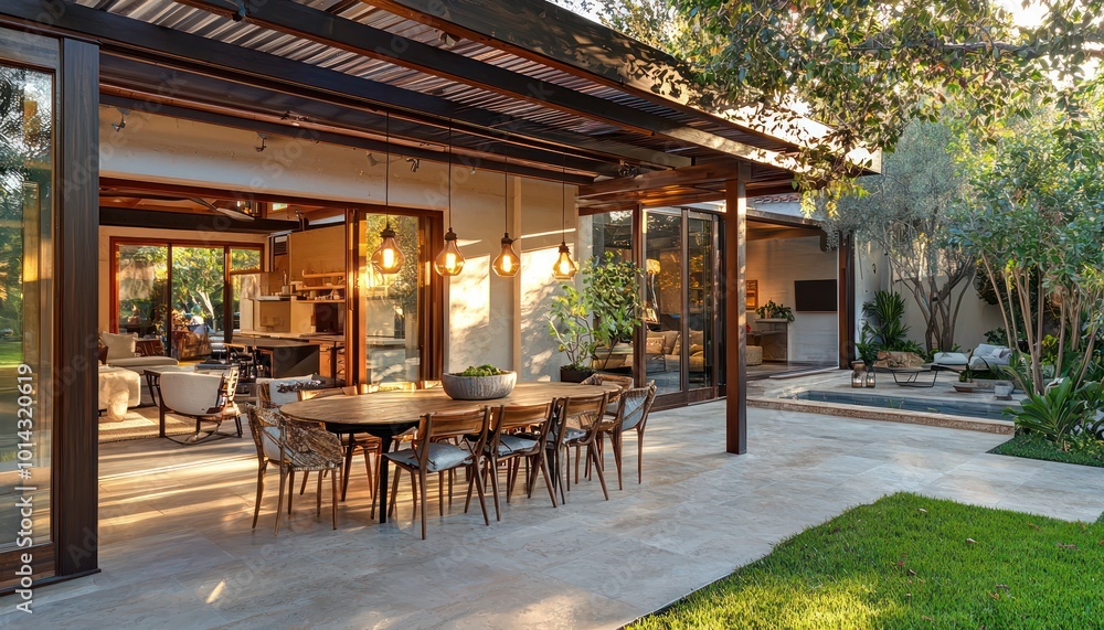 Fototapeta premium Contemporary patio under a pergola with elegant dining setup and lighting.