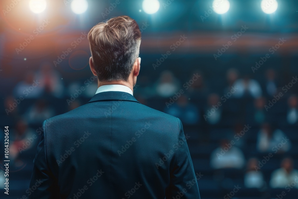 A businessman in a suit addresses an audience from a stage, standing under bright lights in a conference or presentation setting. A businessman in a suit addresses an audience from a stage, standing under bright lights in a conference or presentation setting.