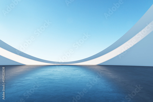 Futuristic abstract architecture with curved walls and blue floor. 3D Rendering