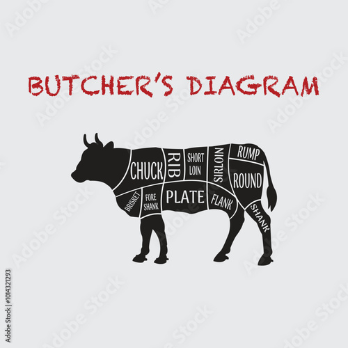 Cut of beef set. Poster Butcher diagram Cow meat. Modern, vintage, typographic hand-drawn chef's diagram. Different parts of the cow meat. Vector illustration