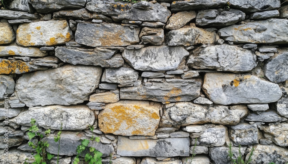 A close-up view of a weathered stone wall with lichen growing on the rocks. A close-up view of a weathered stone wall with lichen growing on the rocks.
