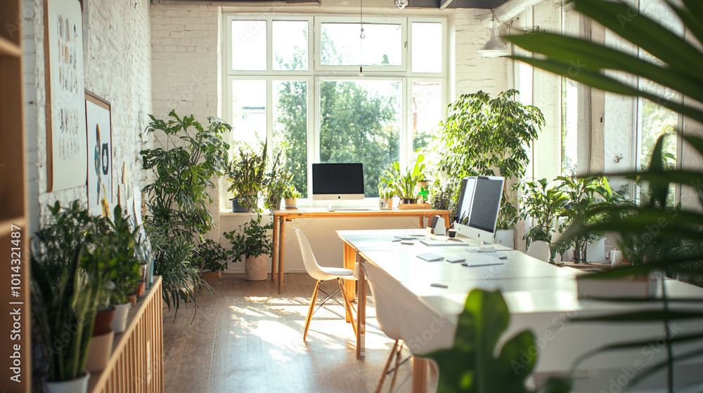 Bright and airy office filled with greenery and natural light in a modern coworking space Bright and airy office filled with greenery and natural light in a modern coworking space