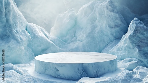  Ice podium background snow winter product platform cold mountain 3D. Podium ice display background cosmetic sky floor blue scene landscape frozen white cool stand pedestal minimal rock glacier nature photo