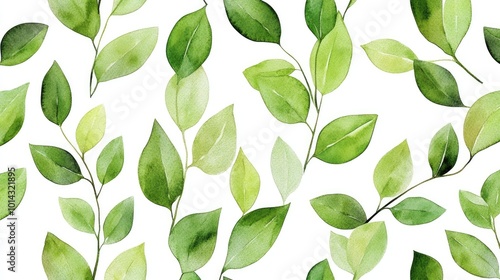 Watercolor seamless pattern of green leaves and branches on white background.