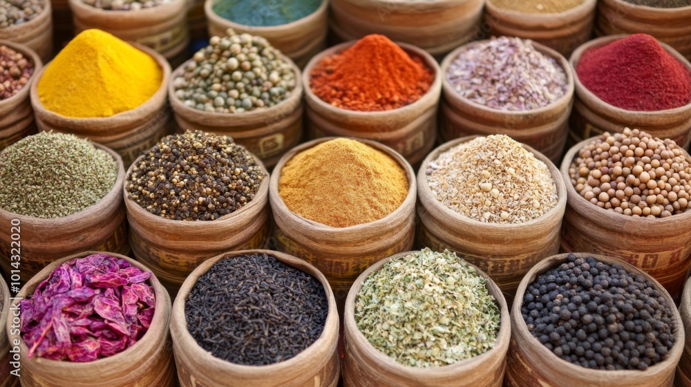 A colorful array of spices displayed in wooden containers at a market. A colorful array of spices displayed in wooden containers at a market.