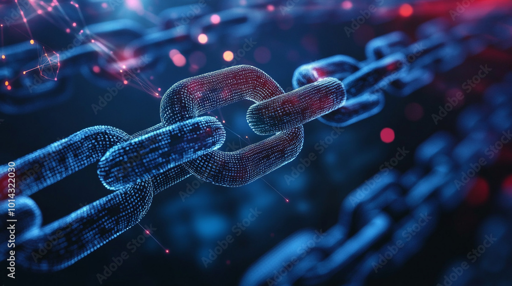 Blue digital chain symbolizing blockchain technology, with glowing data points representing various virtual, An illustration of a digital chain internet network, symbolizing a business connection, Blue digital chain symbolizing blockchain technology, with glowing data points representing various virtual, An illustration of a digital chain internet network, symbolizing a business connection,