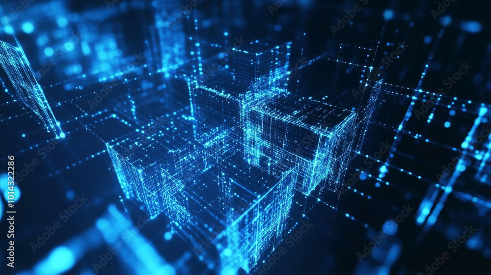 Obraz premium Digital transformation and iot in business: big data, cloud computing, Futuristic cubes and Lines, future technology concept.
