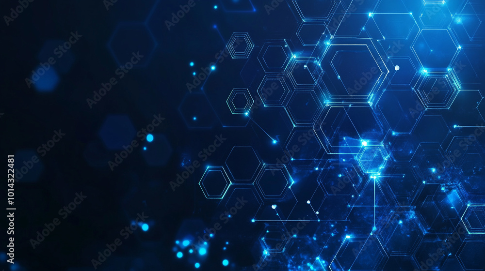 Blue geometric shape abstract technology background: modern digital design featuring intricate patterns, Abstract blue background with hexagons and connections and glowing particles. Blue geometric shape abstract technology background: modern digital design featuring intricate patterns, Abstract blue background with hexagons and connections and glowing particles.