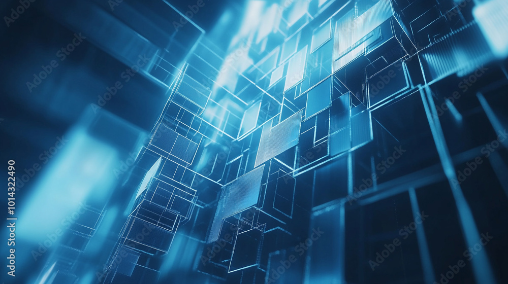 Blue geometric shape abstract technology background: modern digital design featuring intricate patterns, Abstract blue background with hexagons and connections and glowing particles.