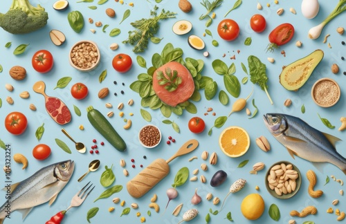 A vibrant collage showcasing iconic foods and vegetables, including fish, eggs, and nuts, arranged in a visually appealing top-view