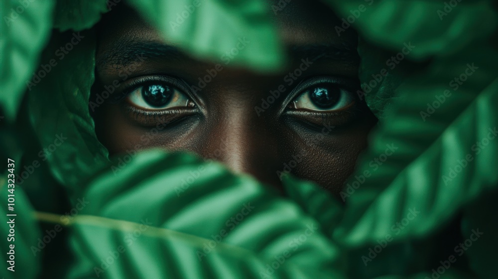 Deep, captivating eyes emerge from behind vibrant green foliage, creating an enigmatic atmosphere in nature Deep, captivating eyes emerge from behind vibrant green foliage, creating an enigmatic atmosphere in nature