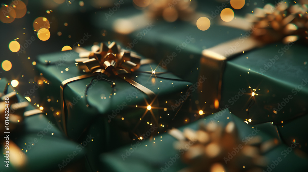 Close-up of Luxury Festive Green Gift with Gold Bow Close-up of Luxury Festive Green Gift with Gold Bow