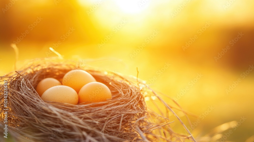 A cozy nest holds several eggs, glowing softly in the beautiful golden light of the early morning sun