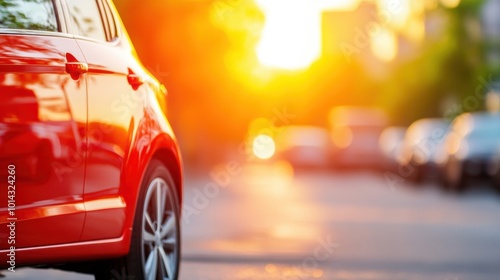 A sleek red car is parked alongside a city street, illuminated by the golden hues of a stunning sunset in the background