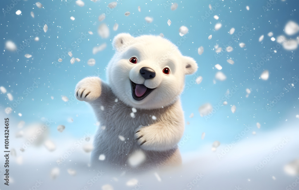 Cute polar bear cub playing in the snow amidst a winter landscape. Cute polar bear cub playing in the snow amidst a winter landscape.