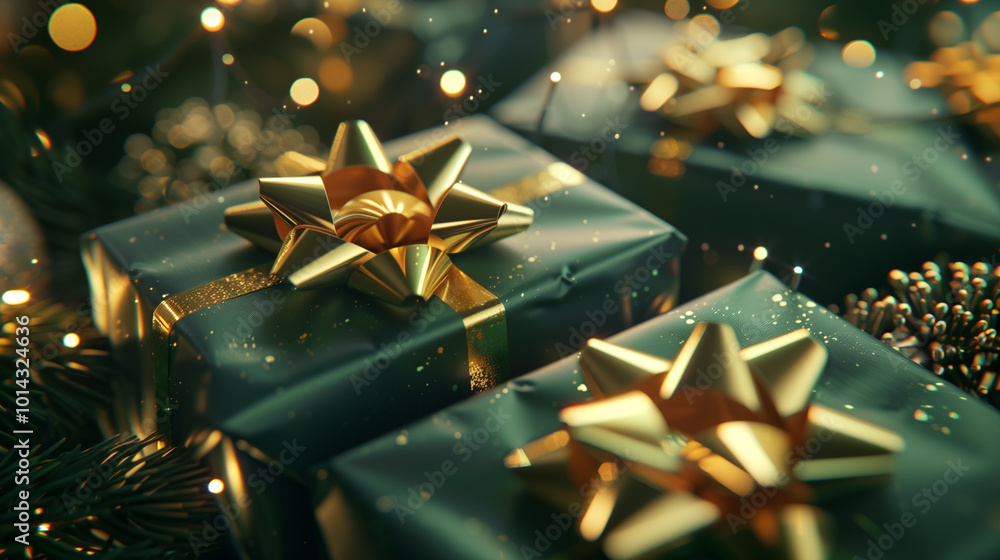 Close-up of Luxury Festive Green Gift with Gold Bow Close-up of Luxury Festive Green Gift with Gold Bow