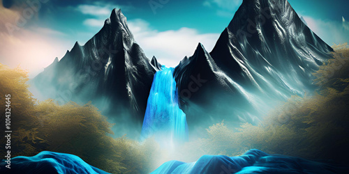 Waterfall and mountain landscaping