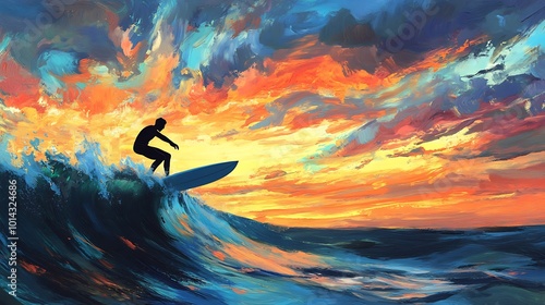 A lone surfer rides a wave at sunset with a colorful sky.