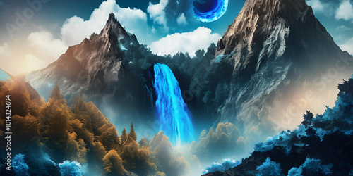 Waterfall and mountain landscaping