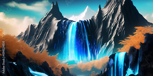 Waterfall and mountain landscaping