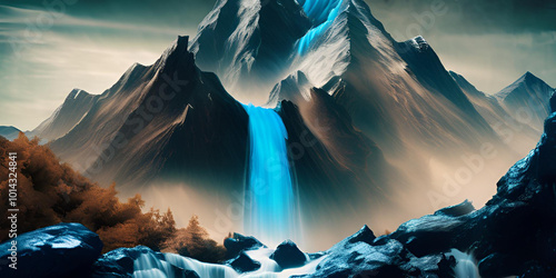 Waterfall and mountain landscaping