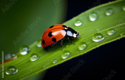 Ladybug on a leaf with water drops, close up.