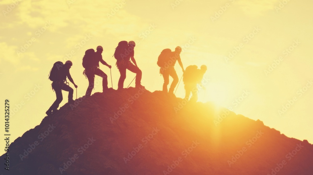 A group of climbers makes their way up a snowy mountain at sunset, silhouetted against a vibrant sky and shining sun A group of climbers makes their way up a snowy mountain at sunset, silhouetted against a vibrant sky and shining sun