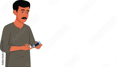 Indian diabetic patient measuring diabetes with glucometer. diabetic patient checks blood sugar levels. Blood sugar monitoring vector art. Control blood sugar level. Diabetic patient cartoon.