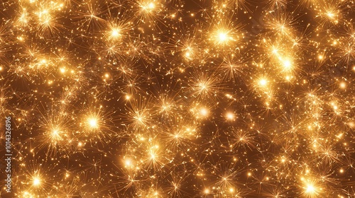 The image shows a golden background with a pattern of bright stars and glowing lines.