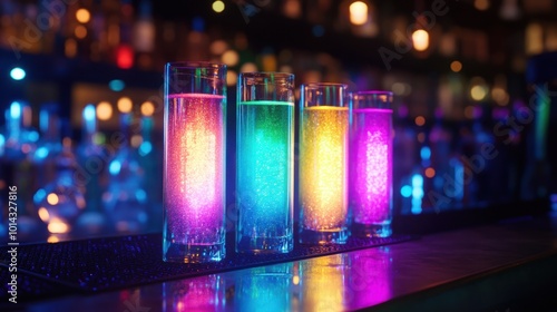 Neon test tube shooters glowing with vibrant colors, lined up with glitter rims in a futuristic cocktail bar. photo