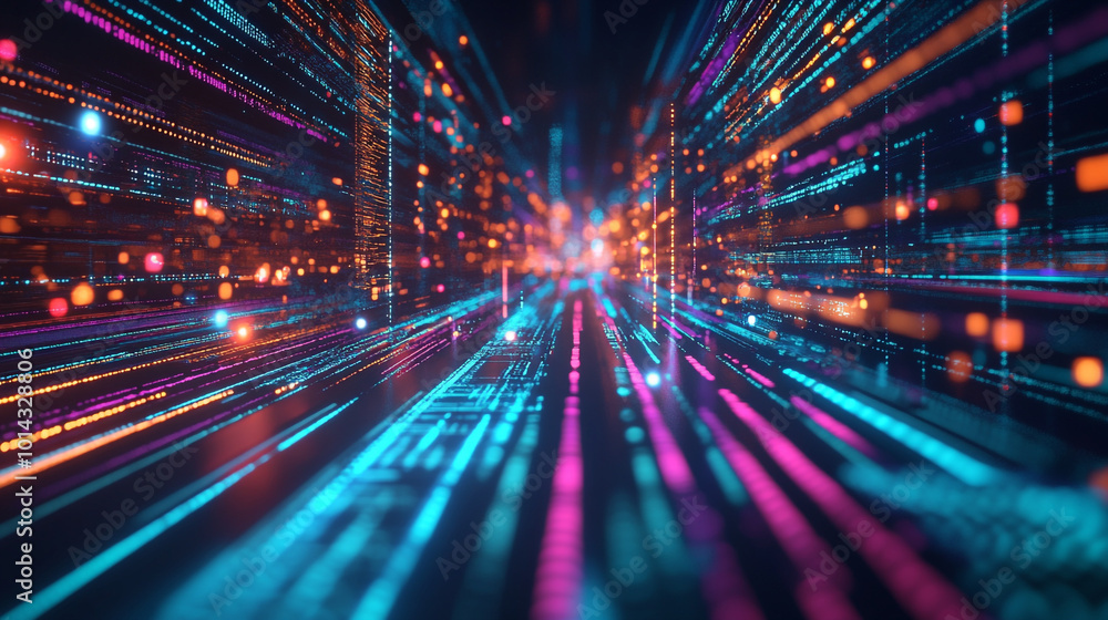 Digital art of a city skyline with holograms. A city skyline is reflected in the water Neon Cityscape. Digital art of a city skyline with holograms. A city skyline is reflected in the water Neon Cityscape.